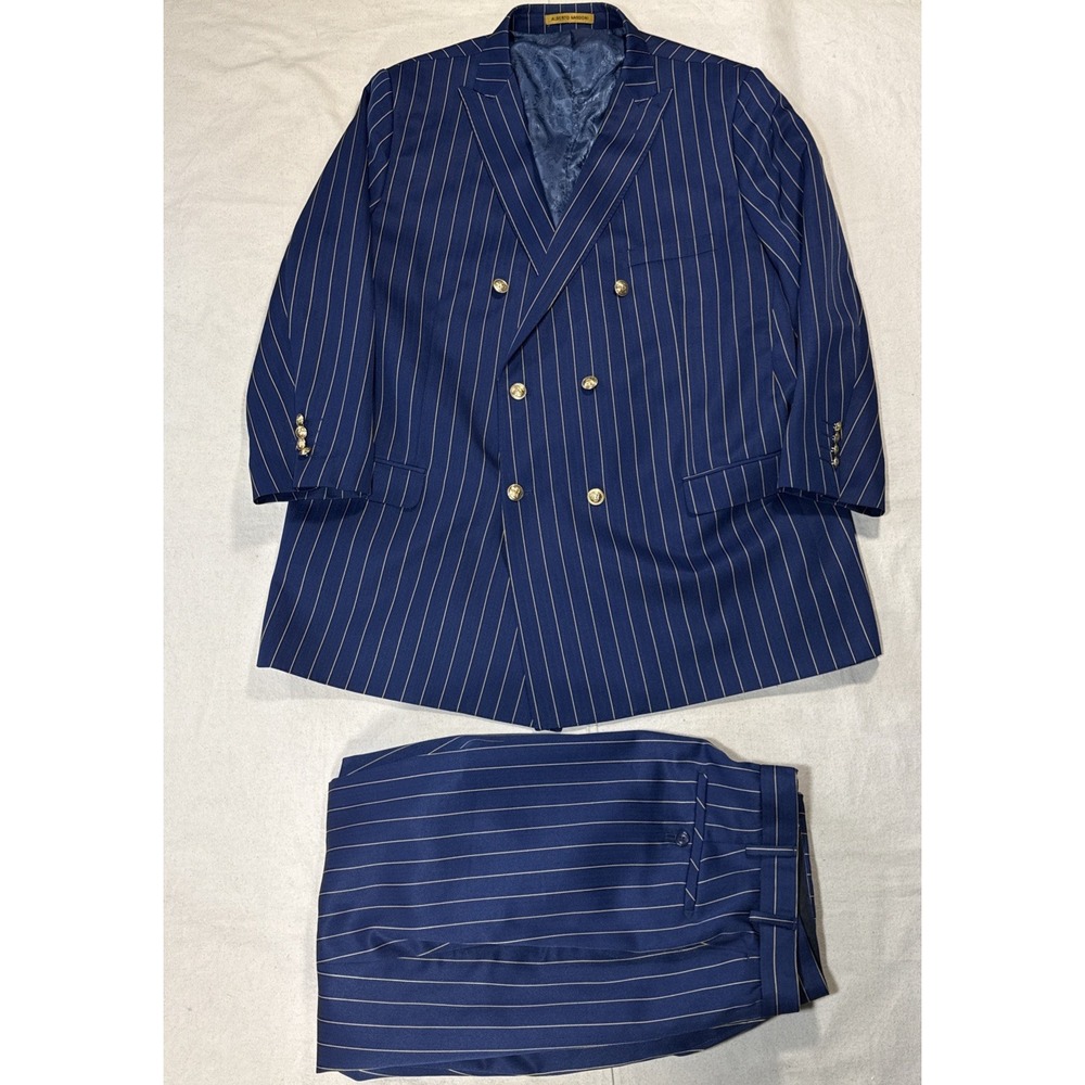 ALBERTO NARDONI Double Breasted Blue Pinstripe Gold Button Italy 46 37x26